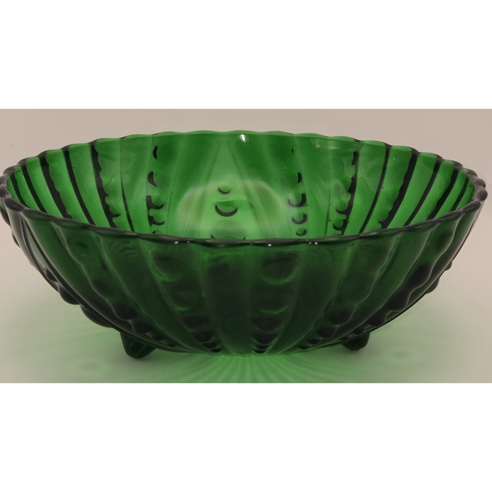Emerald Green Bowl  Vintage MCM 8.5" Wide Footed Anchor Hocking Depression Glass